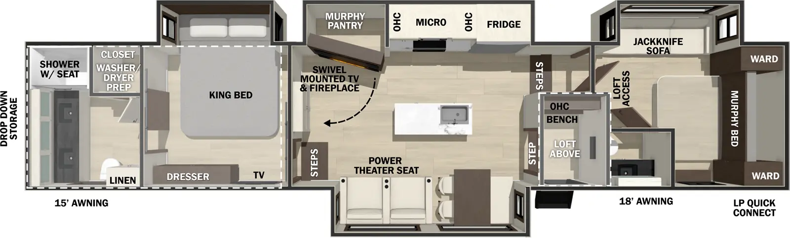 The Cedar Creek 381MUD floorplan has one entry and four slide outs. Exterior features include: fiberglass exterior and 12' & 21' awning. Interiors features include: loft, kitchen island, murphy bed, front living, rear bathroom and bathroom and a half.